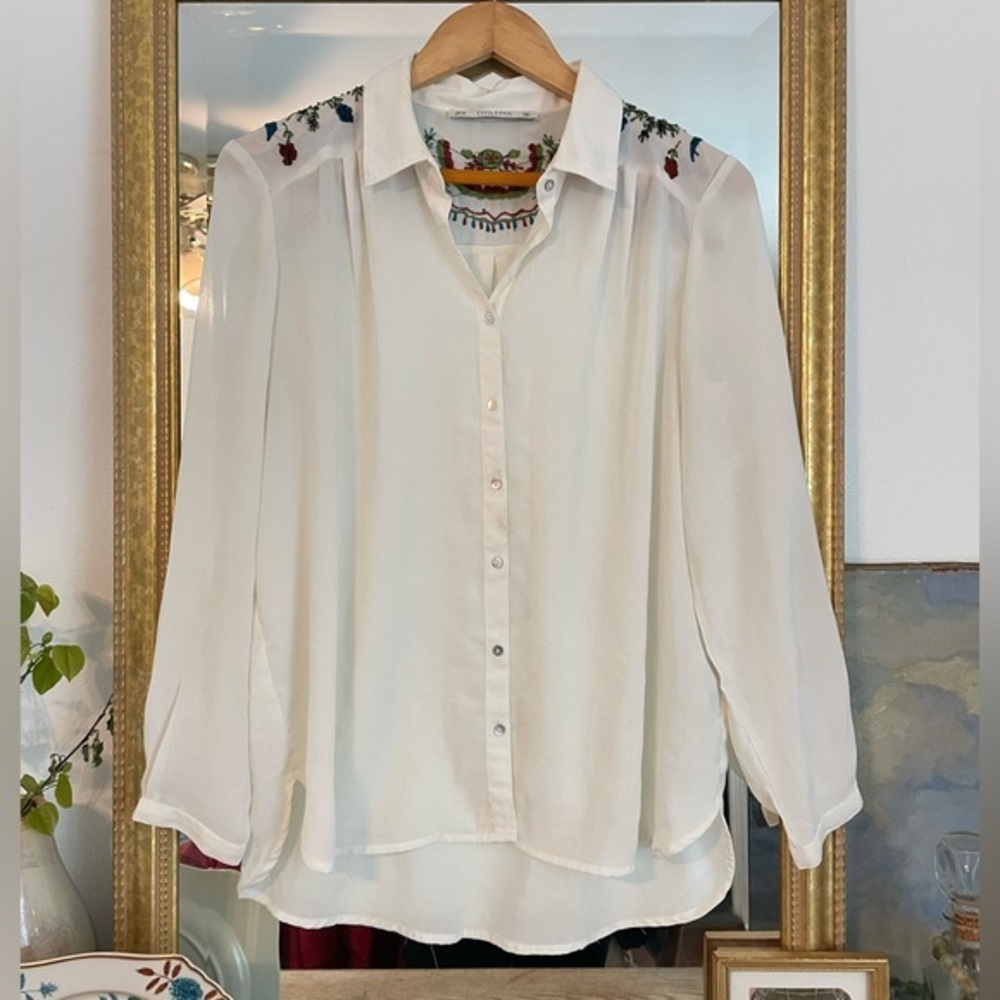 ZARA Beaded Embroidered Sheer White Long Sleeve Button Down Blouse, Size M